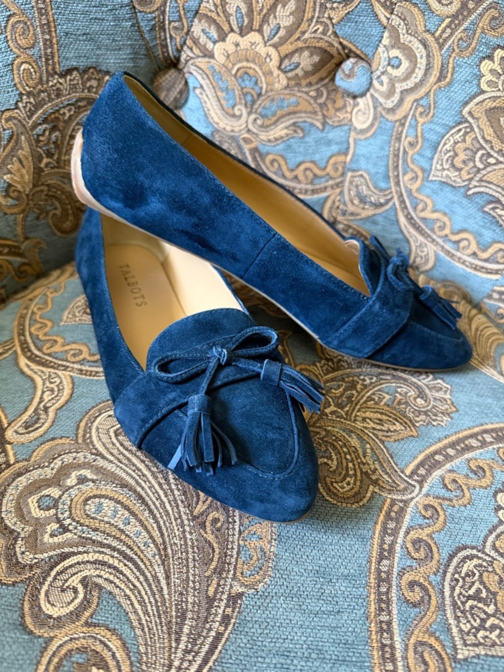 Talbots Navy Blue Suede Pointed Tassel Loafers